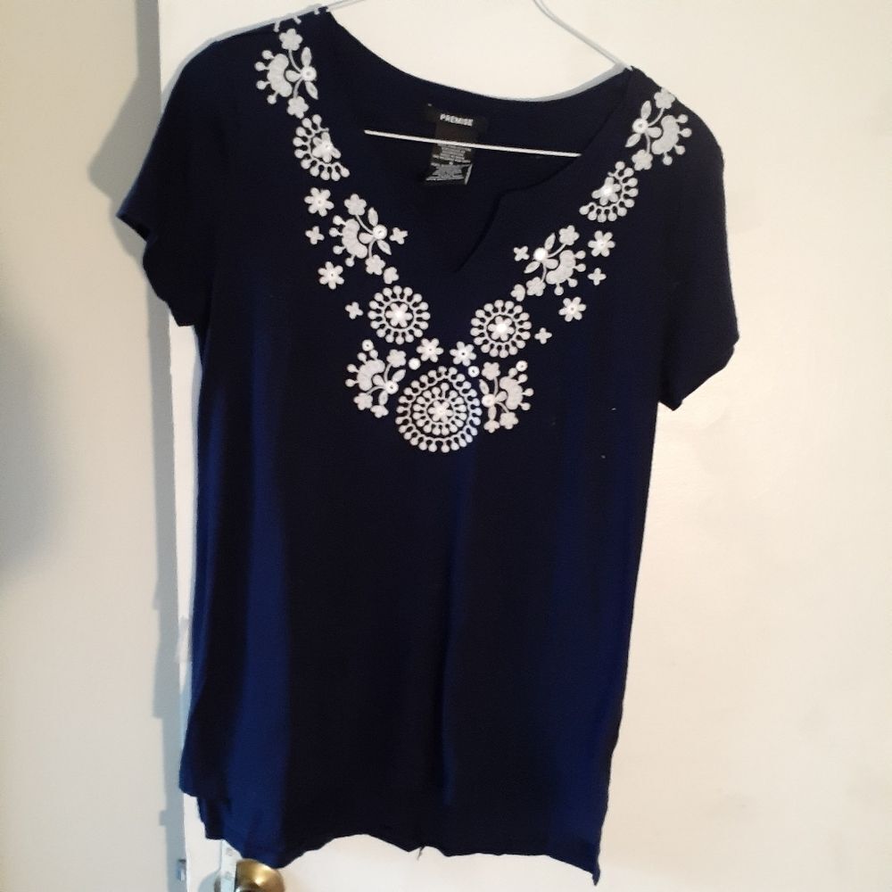 premise knit top shirt blouse s small cotton summer embroidered boho split neck